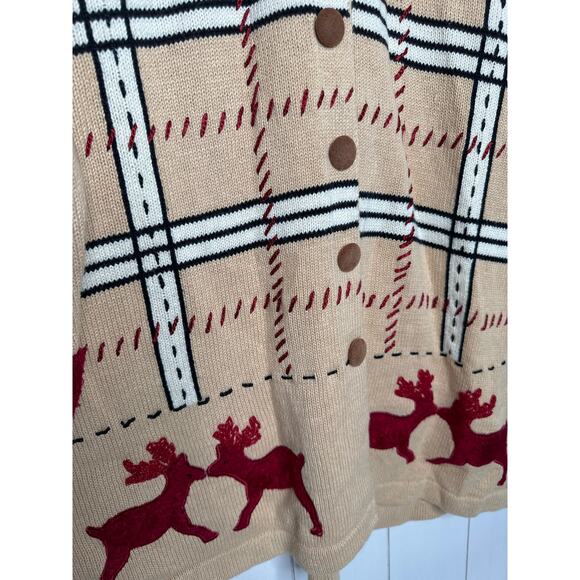 Storybook Knits Reindeer Plaid Full Button Cardigan Sweater RARE - LG, NWT - Picture 3 of 4